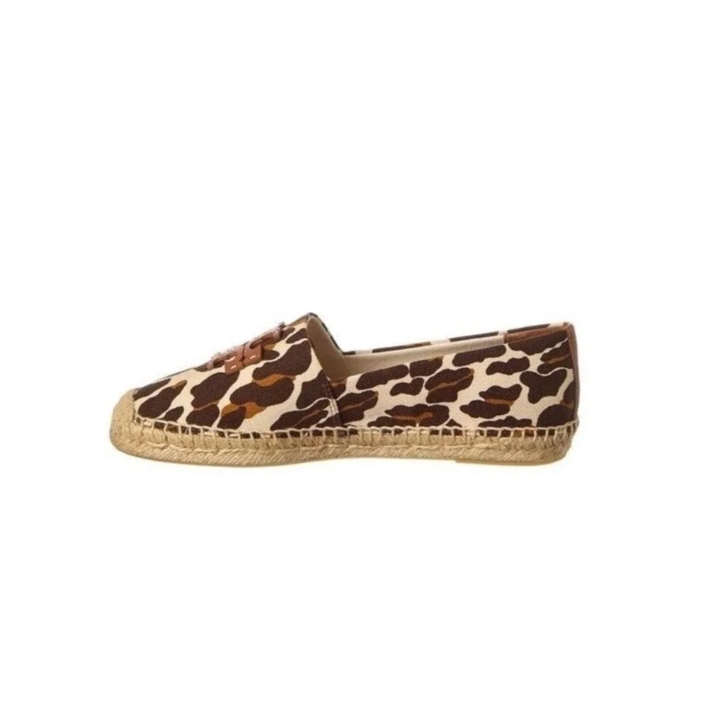 New Tory Burch Ines Leopard Print Canvas Espadrille Flats Brown Tan Women 9.5
